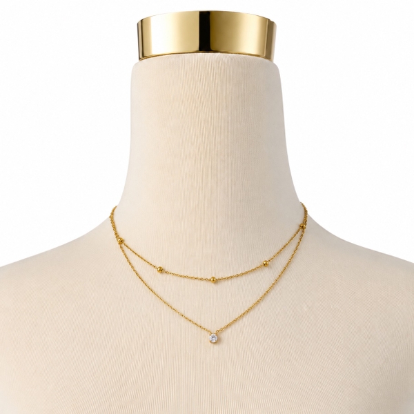 MIALIE - 18K Gold Plated Double Chain Necklace With Single Stone Pendant