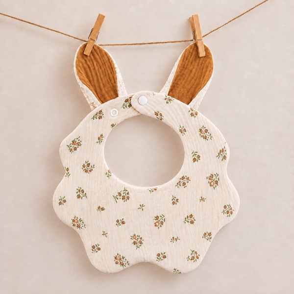 KID & BABY - Muslin Bunny Bib in Tiny Brown Flower
