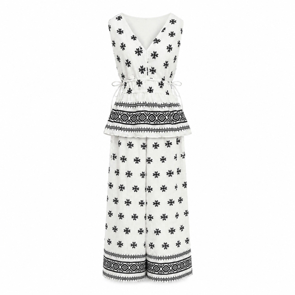 HUMANITY HANOI -  Linen Wide Leg Pants in White With Black Pattern