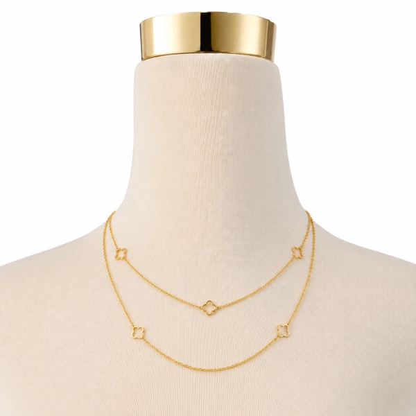 MIALIE - 18K Gold Plated Double Chain Necklace With Clover Charm