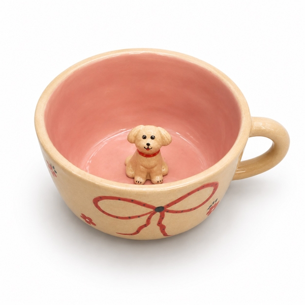 LINDO CRAFTS - Bow Mug in Pink With White Dog Inside