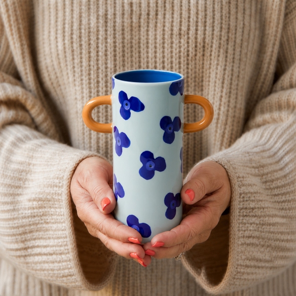 BÁT TRÀNG CERAMIC - Blue Flower Vase With Yellow Handle