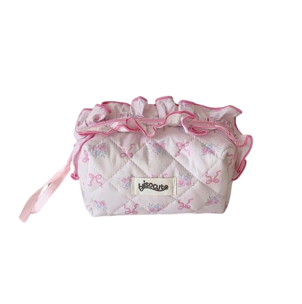 Make Up Pouch in Pink With Ruffle Fabric