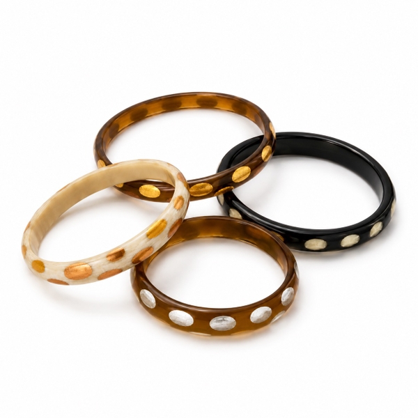 AZIET -  Buffalo Horn & Lacquer Small Flat Bracelet in Black With Polka Dots