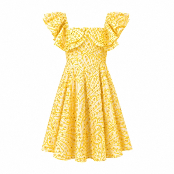 HUMANITY HANOI - Off Shoulder Embroidery Mini Dress in Yellow