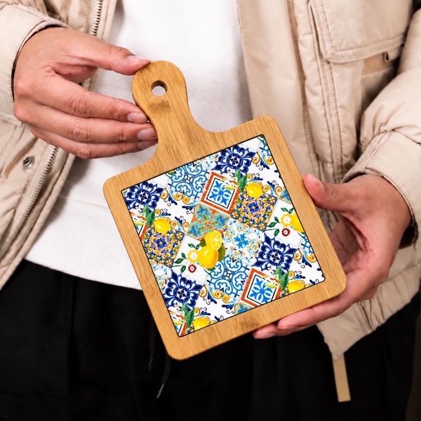 BÁT TRÀNG CERAMIC - Wood & Ceramic Pot Holder In Lemon & Pattern