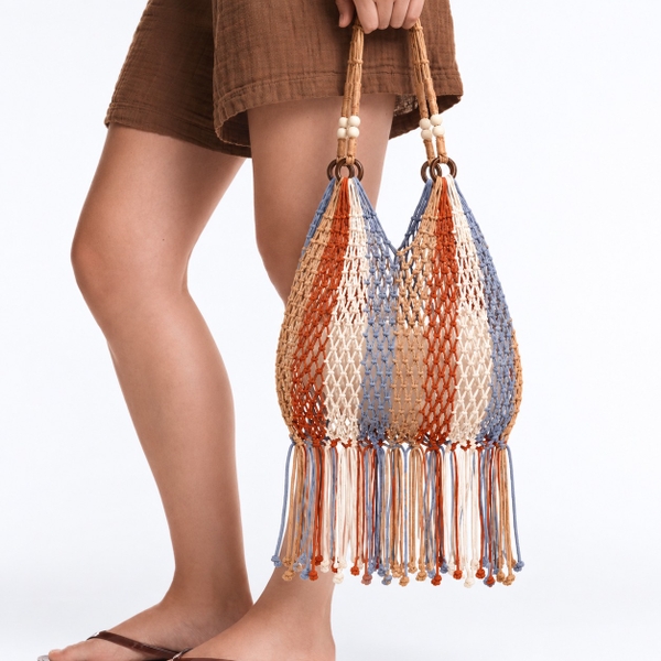 Tassel Macrame Tote Bag - Blue & Orange