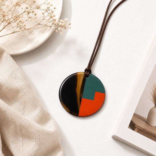 AZIET -  Buffalo Horn & Lacquer Necklace In Brown, Orange & Teal