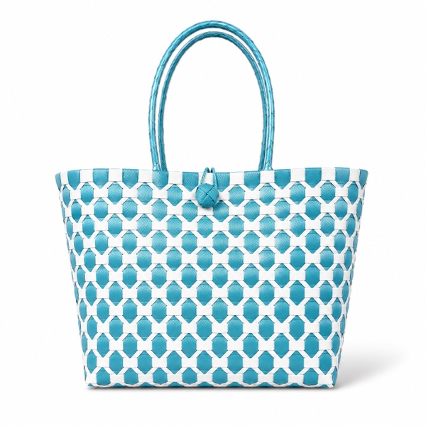 Woven Basket Bag in Turquoise Geometric Pattern (S)