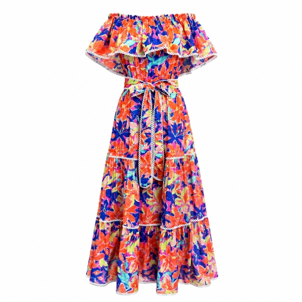 HUMANITY HANOI -  Off Shoulder Maxi Dress in Orange Lily Flower