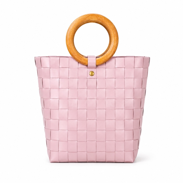 Woven Market Basket Bag With Round Wooden Handle in Dusty Pink (M)