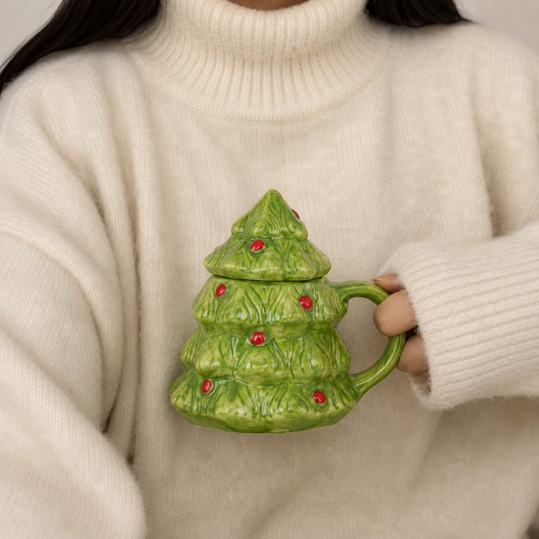 CHRISTMAS - Ceramic Short Mug With Lid in Pine Tree
