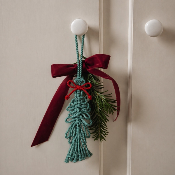 Macrame CHRISTMAS Ornament - CHRISTMAS Tree in Dark Green With Red Bow
