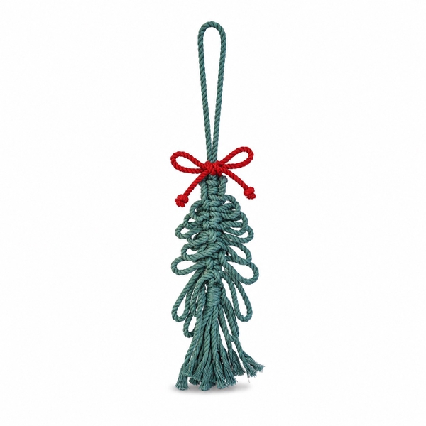 Macrame Christmas Ornament - Christmas Tree in Dark Green With Red Bow