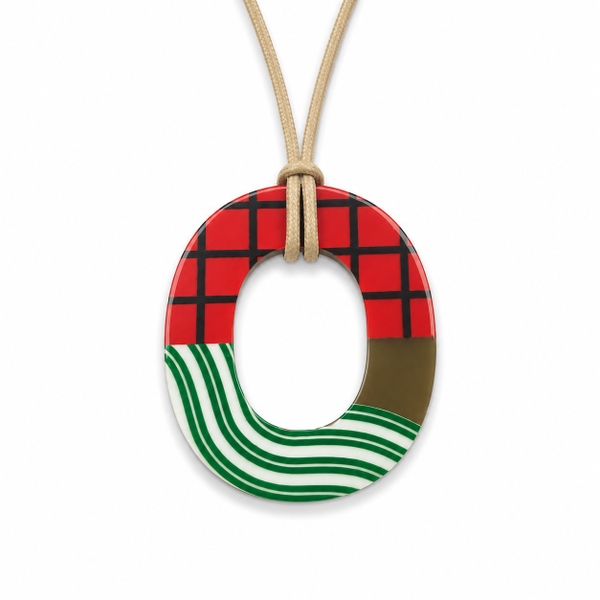 AZIET -  Buffalo Horn & Lacquer Necklace In Red Grid & Line