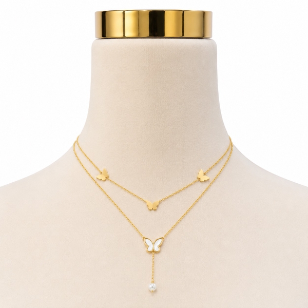 ROUGE - 18K Gold Plated Double Layer Necklace With Butterfly and Pearl Pendant