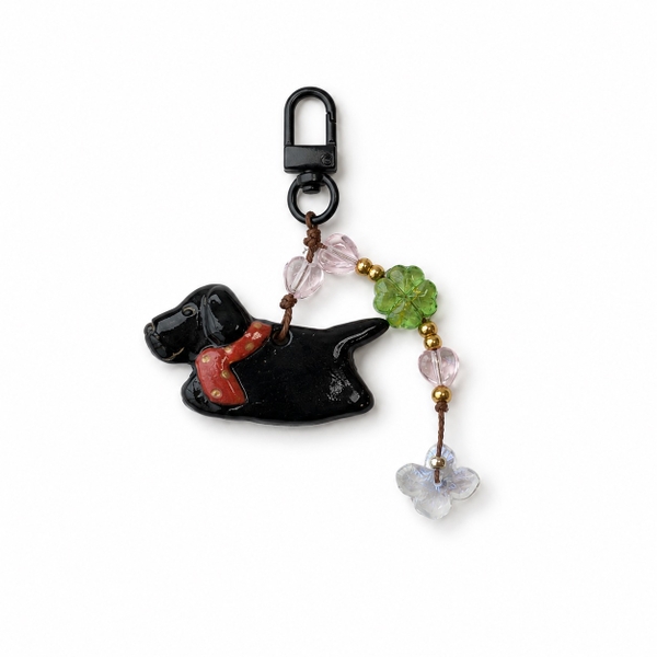 LINDO CRAFTS - Black Dog With Red Scarf Ceramic Keychain