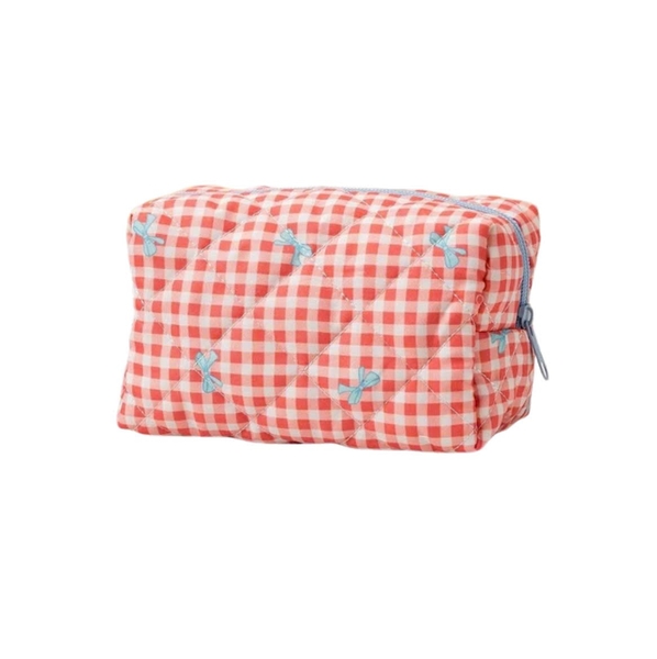 Make Up Pouch in Gingham Red with Blue Bow
