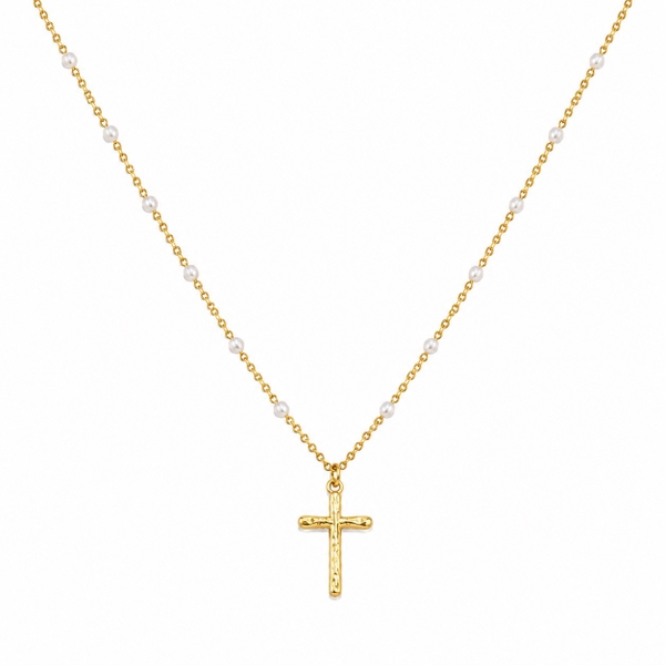 ROUGE - 18K Gold Plated Pearl Necklace with Cross Pendant