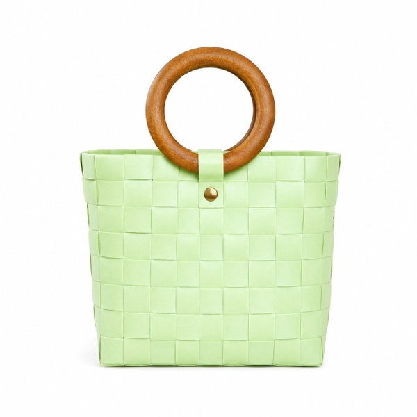 Woven Market Basket Bag With Round Wooden Handle in Avocado (S)