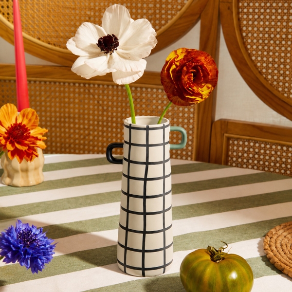 BÁT TRÀNG CERAMIC - Tall Vase in Checked Black With Green & Black Handle