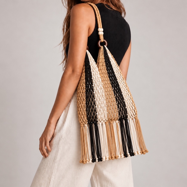 Tassel Macrame Tote Bag - Black & Beige