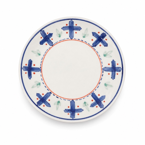 BAT TRANG -  Ceramic Round Plate in Blue Cross Pattern