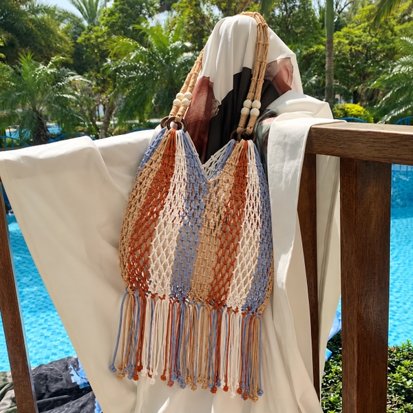 Tassel Macrame Tote Bag - Blue & Orange