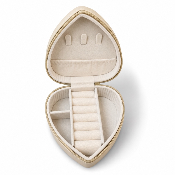 Heart Jewelry Box in Beige Satin With Crystal Stud