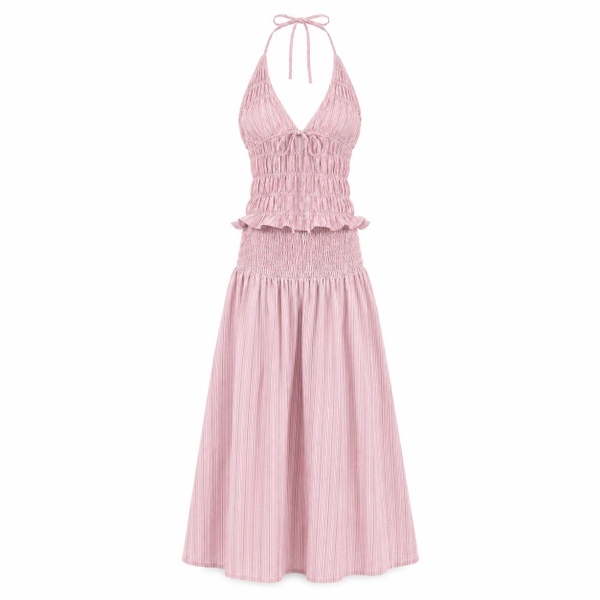 HUMANITY HANOI -  Smock Waist Midi Skirt in Striped Light Pink