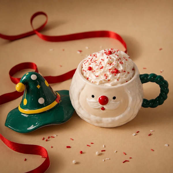 CHRISTMAS - Ceramic Short Mug With Lid in Green Santa