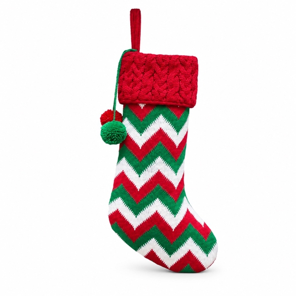 CHRISTMAS - Large Wool Stocking in Red & Green Zigzag