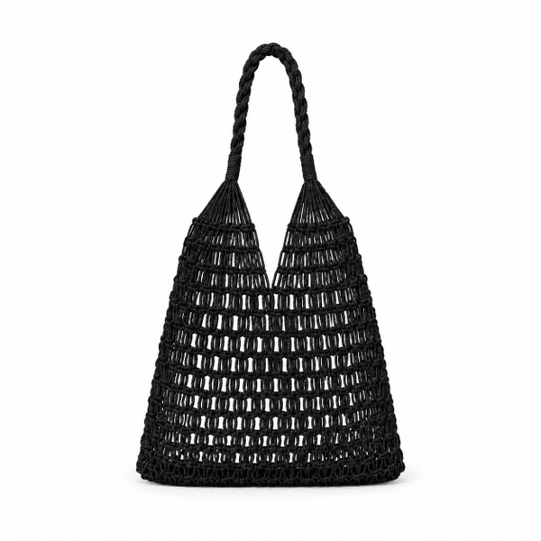 Cotton Macrame Market Tote Bag in Black