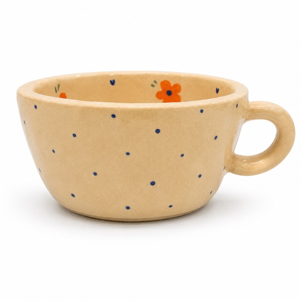 LINDO CRAFTS - Blue Polka Dots Mug With Orange Flower & Grey Tabby Cat Inside