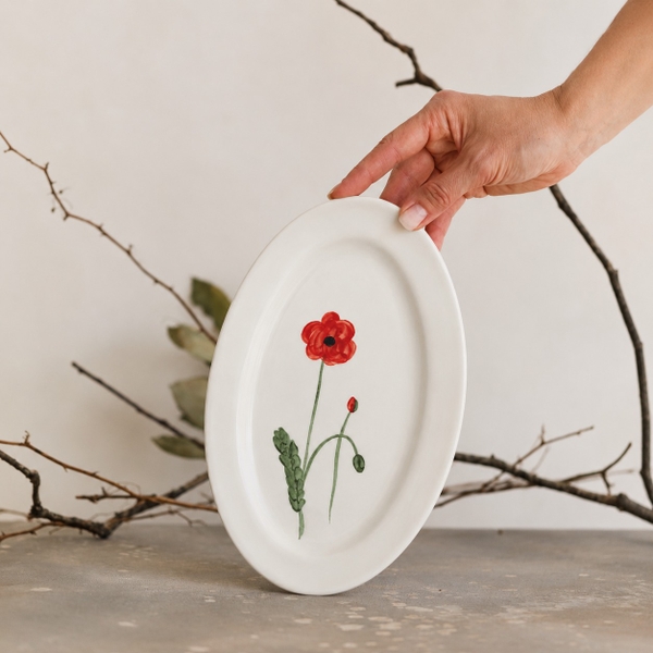 BÁT TRÀNG CERAMIC - Oval Plate With Red Flower