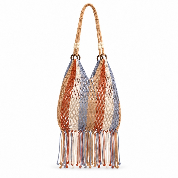 Tassel Macrame Tote Bag - Blue & Orange