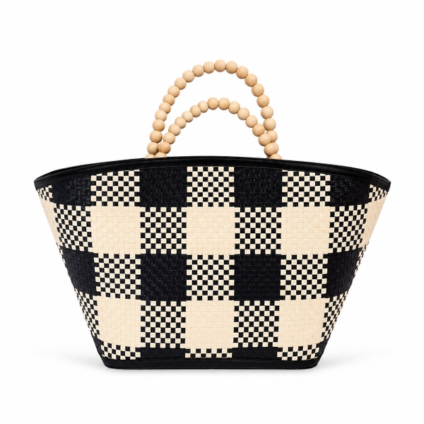 Bamboo Bag With Wooden Bead Handle in Checked Black & White