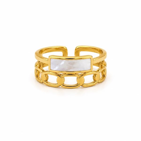 MIALIE - 18K Gold Plated Double Chain Ring With Rectangle Mother Of Pearl