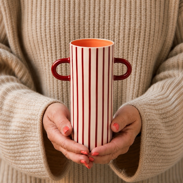 BÁT TRÀNG CERAMIC - Red Stripped Vase With Red Handle