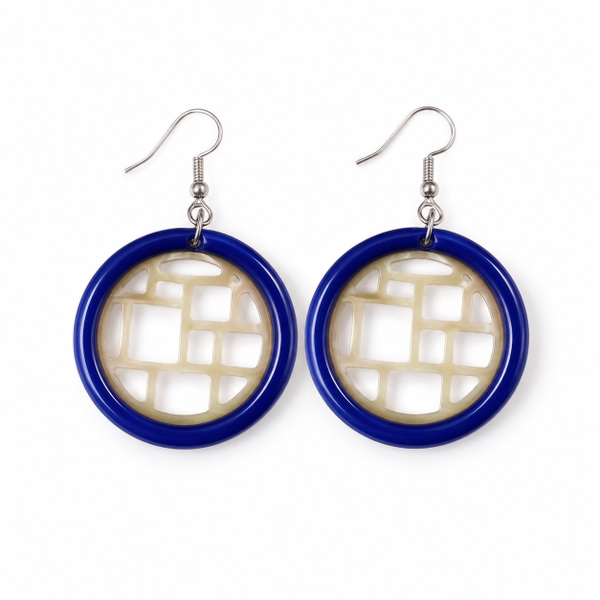 AZIET -  Buffalo Horn & Lacquer Round Earrings With Pattern in Navy