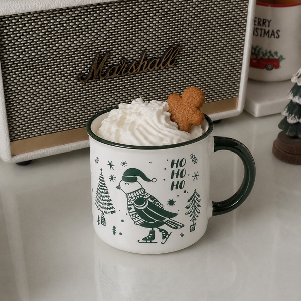 CHRISTMAS - Ceramic Short Mug in Green Winter Bird