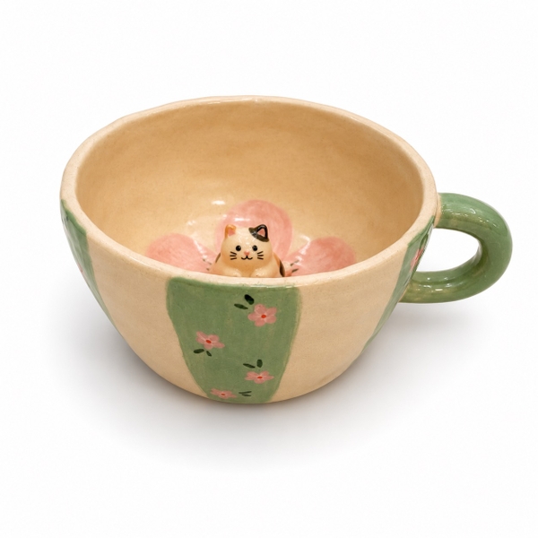 LINDO CRAFTS - Green Stripe Mug With Cat On Pink Blossom Inside