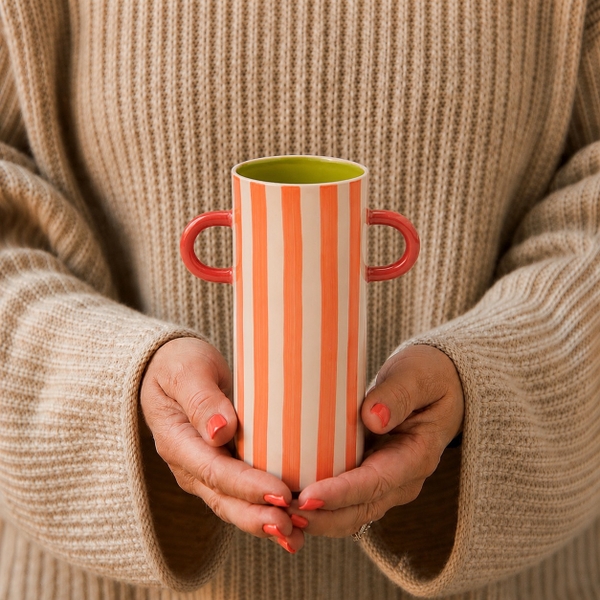BÁT TRÀNG CERAMIC - Orange Stripped Vase With Orange Handle