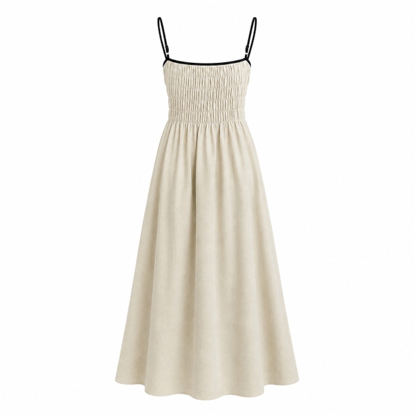 HUMANITY HANOI - Pleat Spaghetti Strap Linen Dress in Beige
