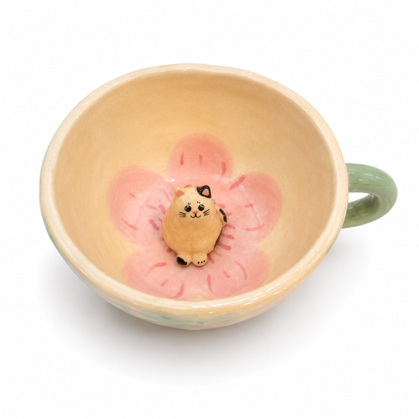 LINDO CRAFTS - Green Stripe Mug With Cat On Pink Blossom Inside