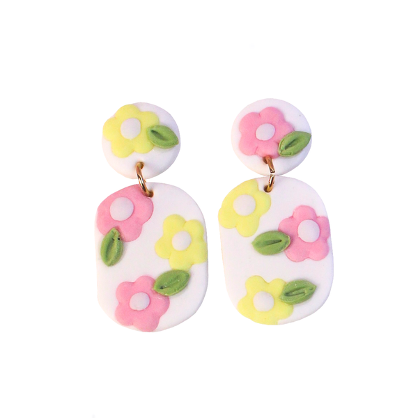 Colorful Zone - Clay Earrings With Flowers in Pink & Lemon