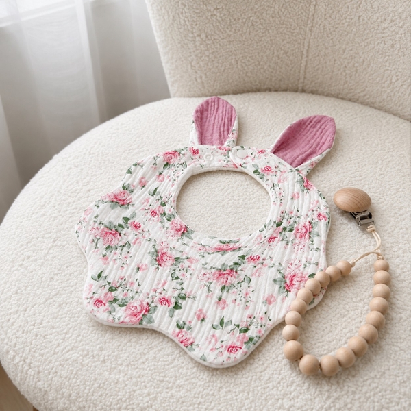 KID & BABY - Muslin Bunny Bib in Vintage Pink Rose