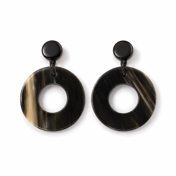 AZIET -  Buffalo Horn & Lacquer Round Earrings in Black Marble