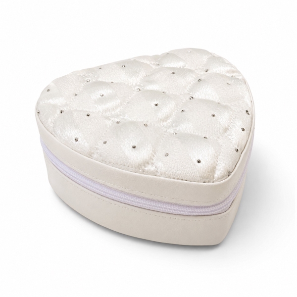 Heart Jewelry Box in White Satin With Crystal Stud