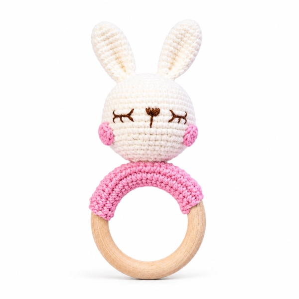 KID & BABY - Macrame Rattle With Wooden Handle in Bunny